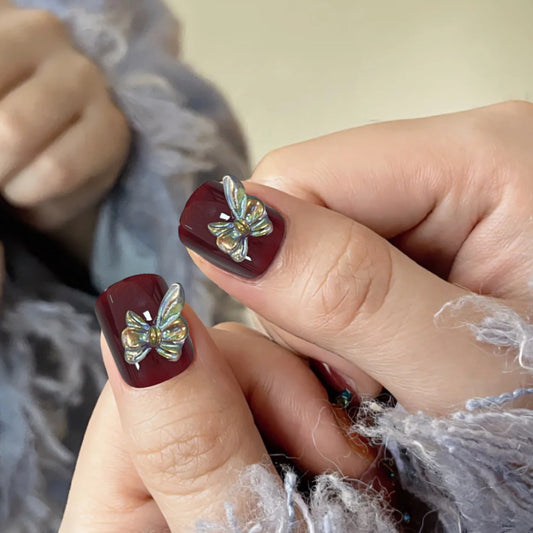Autumn Elegance Medium Square Burgundy Press On Nails with 3D Butterfly Accents