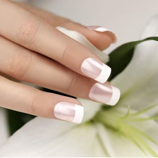 Elegant Bridal Medium Square White French Tip Press On Nail Set with UV Gloss Finish