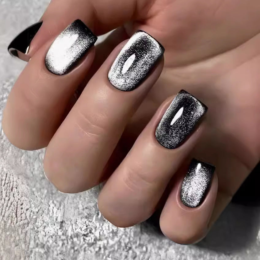 Midnight Sparkle Medium Square Ombre Black and Silver Glitter Press On Nail Set