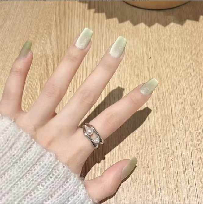 Enchanted Spring Medium-Length Coffin Pale Green Glitter Press On Nail Set for a Chic Look