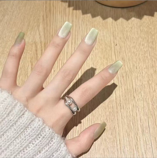 Enchanted Spring Medium-Length Coffin Pale Green Glitter Press On Nail Set for a Chic Look