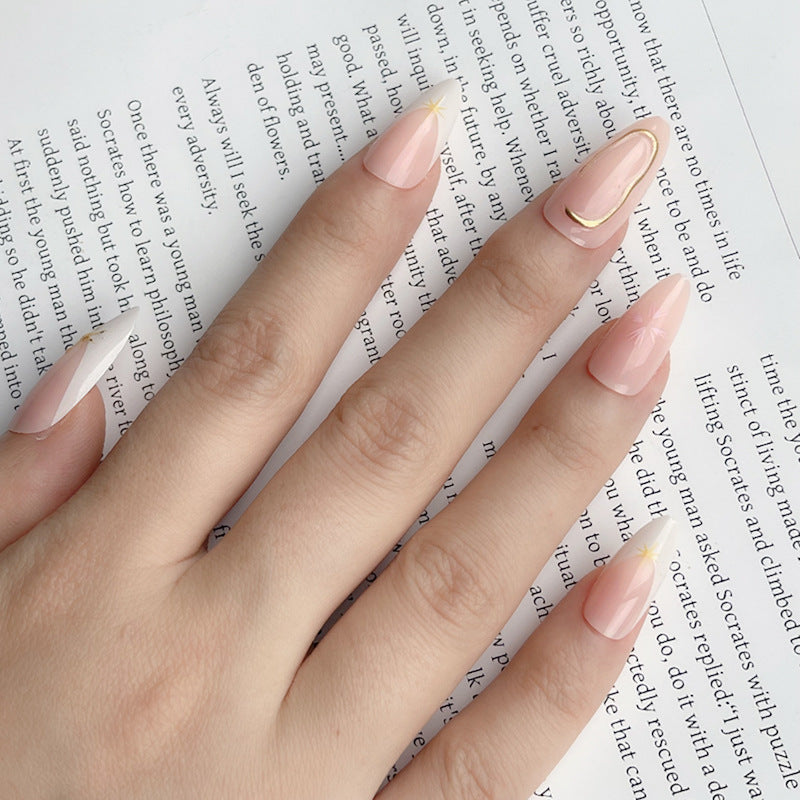 Elegance in Bloom Long Almond Shaped Pastel Pink Press On Nails with Chic Gold Accents