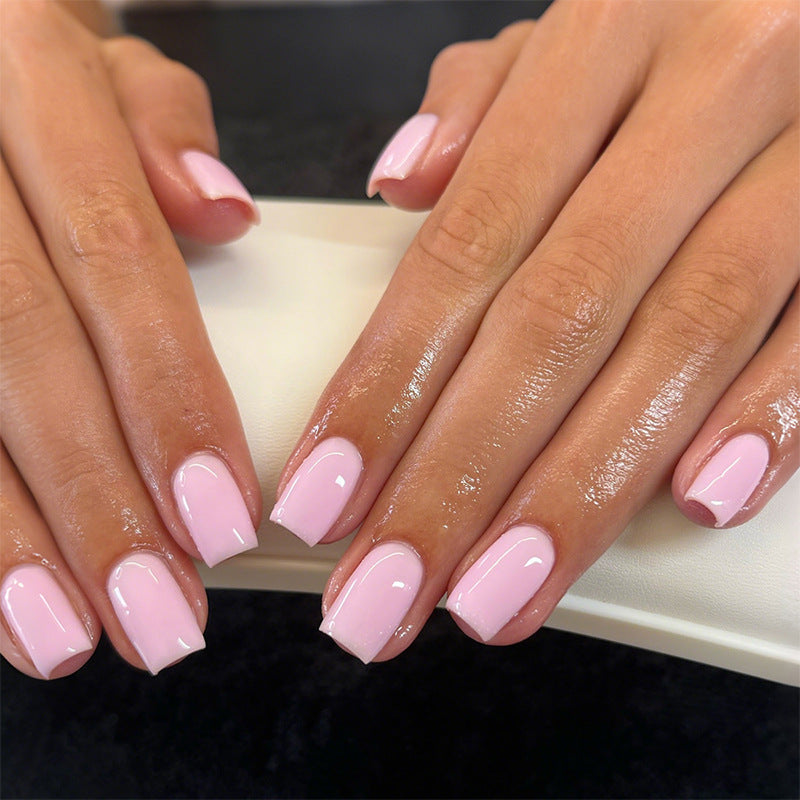 Chic Blossom Short Square Shape Light Pink Nail Set with Elegant French Tip Design
