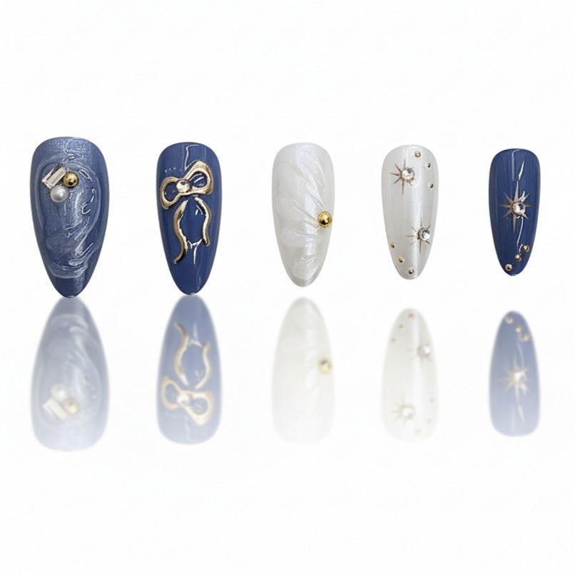 Celestial Dreams Long Almond Blue and White Press-On Nail Set with Elegant Metallic Accents