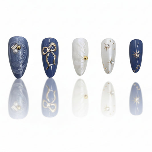 Celestial Dreams Long Almond Blue and White Press-On Nail Set with Elegant Metallic Accents