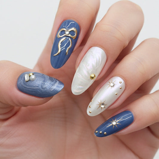 Starlit Elegance Long Almond Blue and White with Shimmering Gold Accents Press-On Nail Set