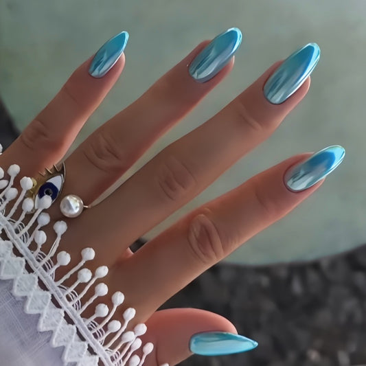 Ocean Breeze Elegance Long Almond Shaped Shimmering Blue Press On Nail Set with Mirror Finish