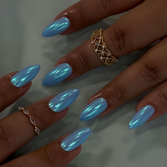 Celestial Glamour Long Almond Sky Blue Mirror Finish Press On Nail Set