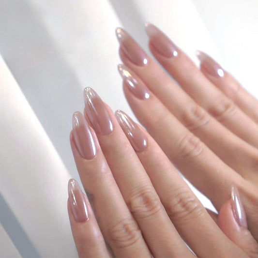 Elegant Aurora Long Almond Shaped Beige Nails with Glossy Shine