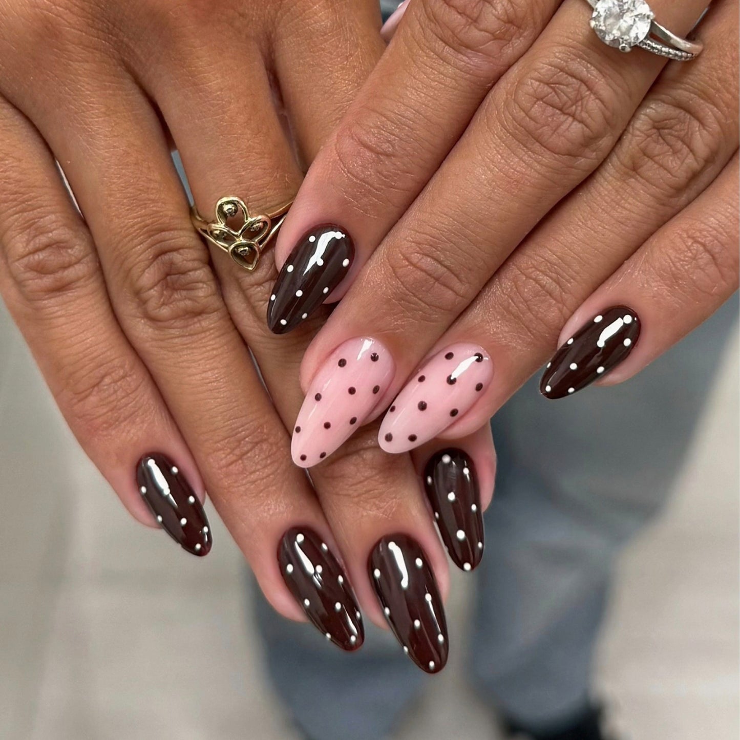 Charming Dessert Inspired Long Almond Brown and Pink Polka Dot Press on Nail Set