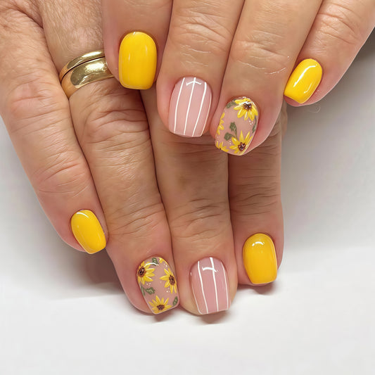 Sunshine Bliss Short Square Yellow Floral and Striped Press-On Nail Set