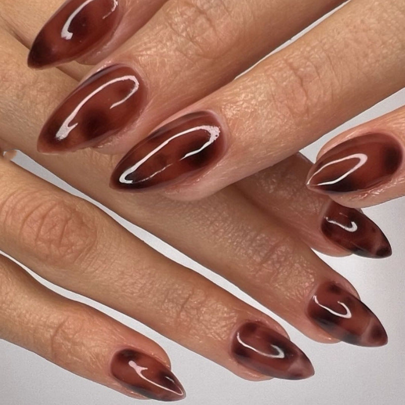 Mystical Elegance Medium Almond Shaped Chocolate Brown Press On Nail Set with Glossy Finish