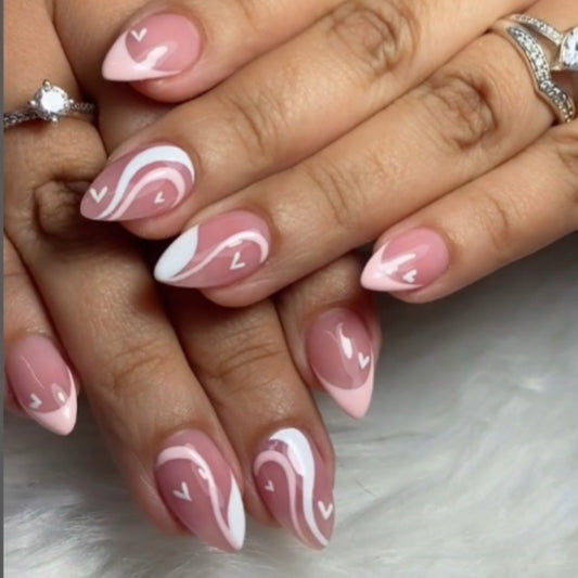 Charming Romance Medium Almond Pink Press On Nail Set with Heart Wave Design