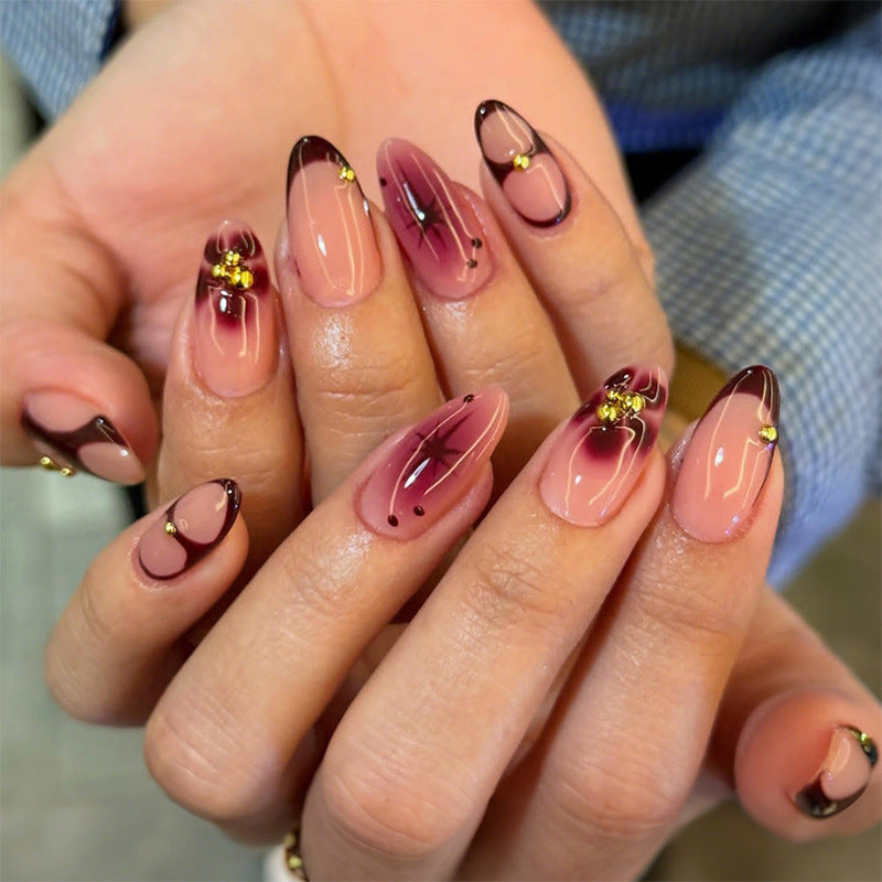Elegant Garden Ombre Long Almond Burgundy and Gold Accent Press on Nail Set