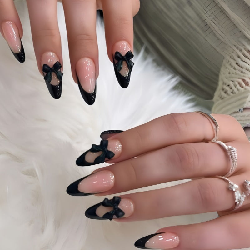 Elegant Ballet Inspired Long Stiletto Black and Beige Press On Nail Set with Decorative Bow Feature