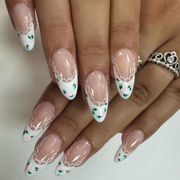 Whimsical Garden Dream Medium Almond Shaped White and Pink Floral Press on Nail Set