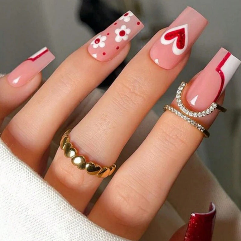 Whimsical Floral Long Square Pink Nail Set with Glitter Hearts