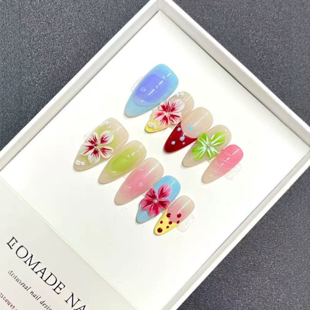 Tropical Breeze Medium Almond Press on Nail Set in Colorful Floral Designs