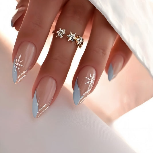 Dreamy Winter Vibes Medium Almond Blue with Shimmering Snowflake Accents Press On Nail Set