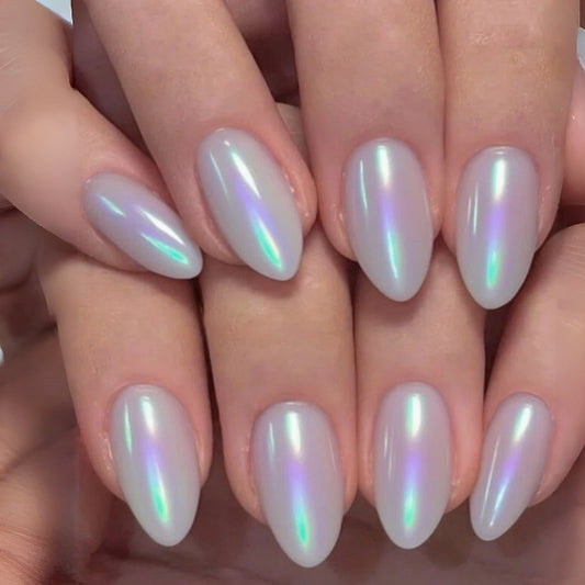Celestial Dream Medium Almond Shaped Iridescent White Press On Nail Set