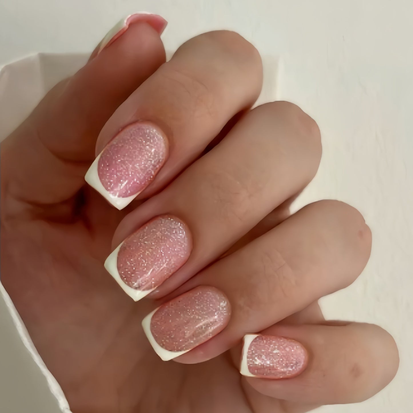 Glamorous Sparkle Short Square Pink Glitter Press On Nail Set with Elegant French Tips