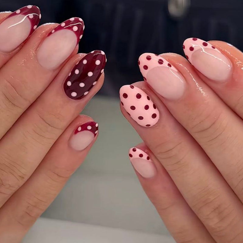 Chic Polka Dot Short Oval Rose and Red French Tip Press-On Nail Set
