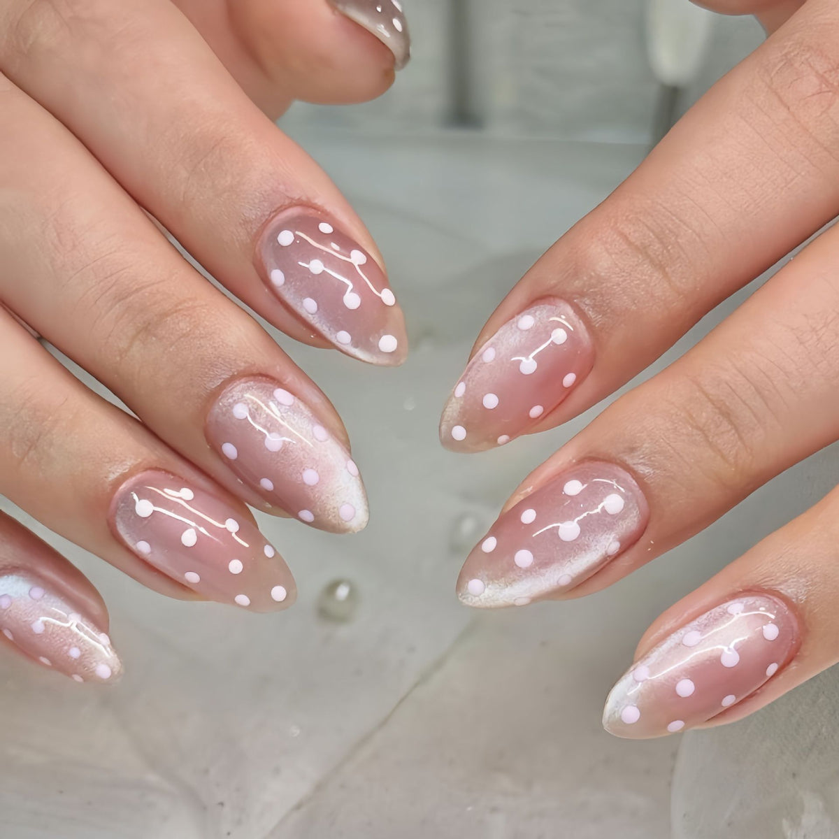 Celestial Elegance Medium Almond Clear Pink with Polka Dots Press on Nail Set