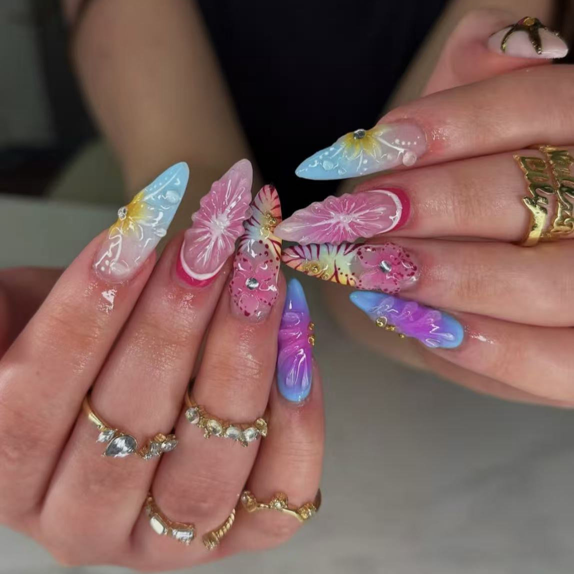 Tropical Dream Medium Almond Multicolored Floral Press On Nail Set