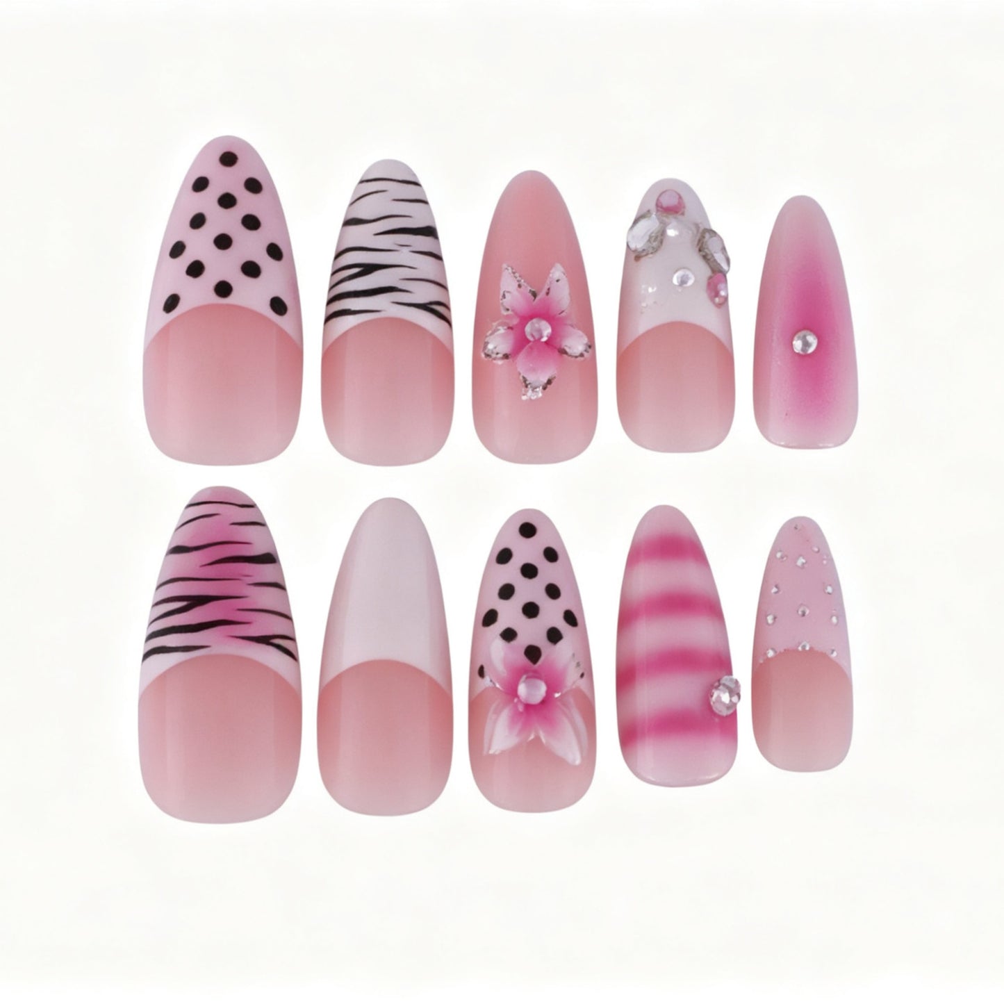 Wildflower Elegance Medium Almond Pink Press on Nail Set with Floral and Zebra Print Accents