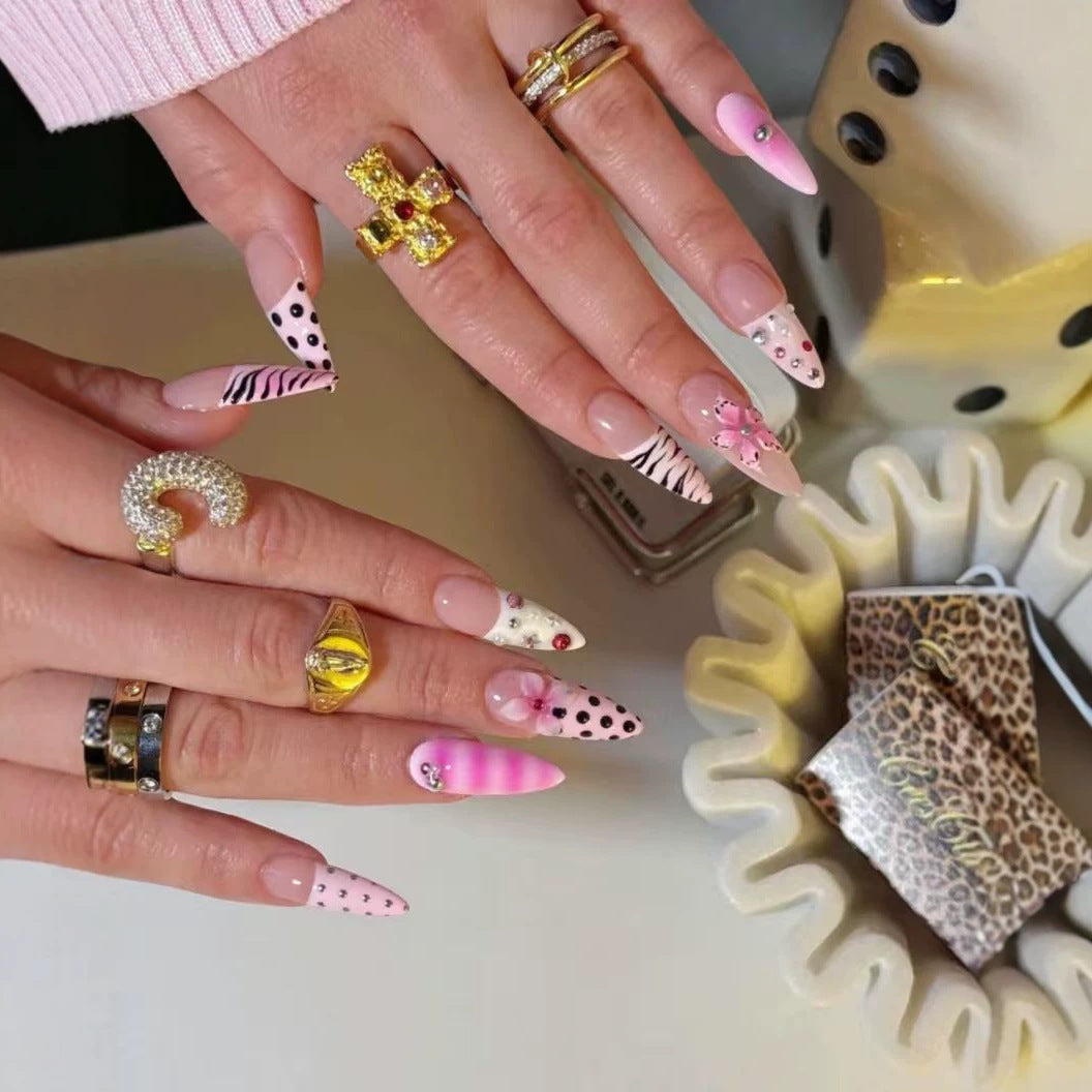 Wild Safari Chic Long Almond Pink Zebra Print Press On Nail Set