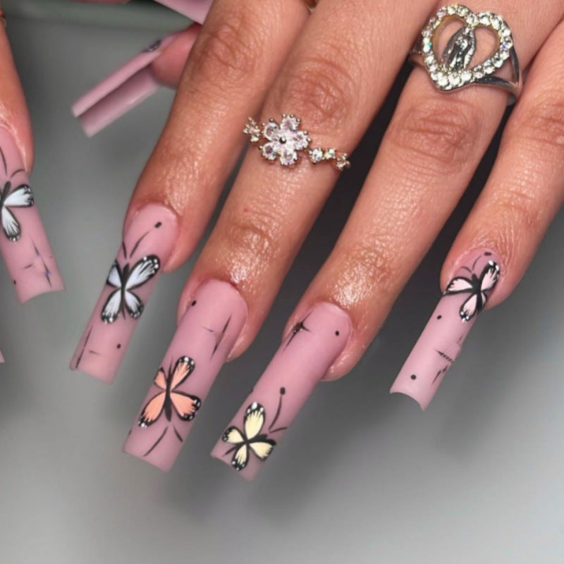 Butterfly Dreams Long Square Pink Press On Nail Set with Floral Design