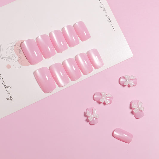 Whimsical Blossom Press-On Nail Set Short Square Soft Pink with Delicate Bow Accents