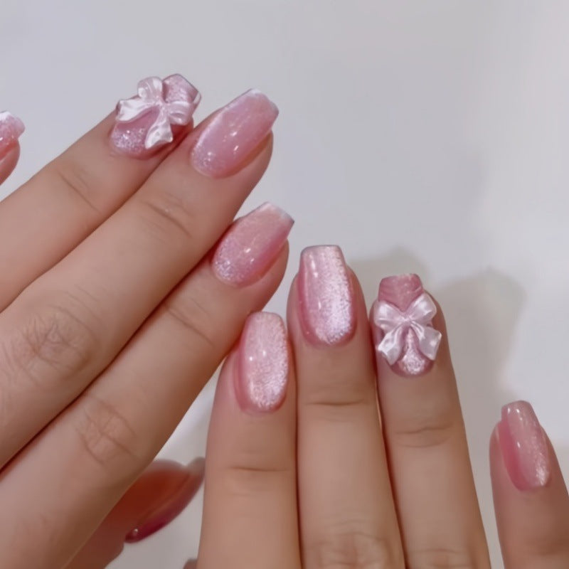 Charming Fantasy Elegant Short Square Pink Glitter Press On Nail Set with Adorable Bow Detail