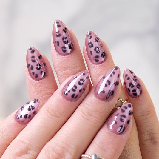 Wild Leopard Print Medium Almond Press On Nail Set in Smoky Pink with Glossy Finish