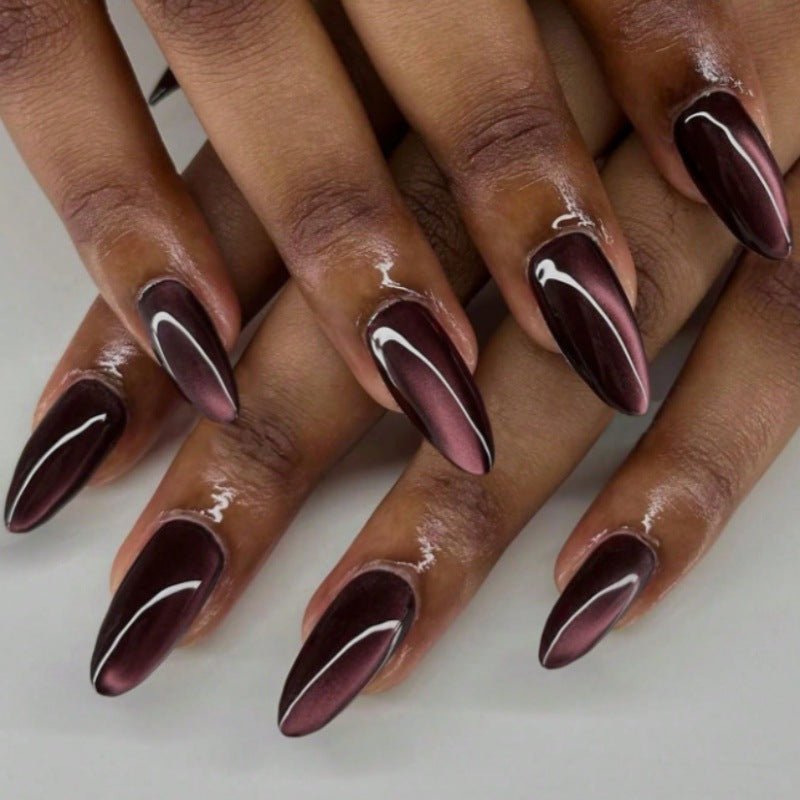 Elegant Twilight Medium Almond Dark Burgundy with Striking White Accents Press On Nail Set