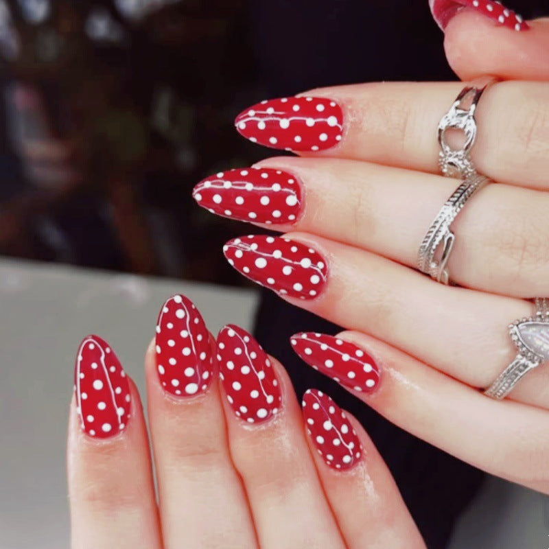 Polka Dot Chic Medium Almond Red Press On Nail Set with Glossy Finish