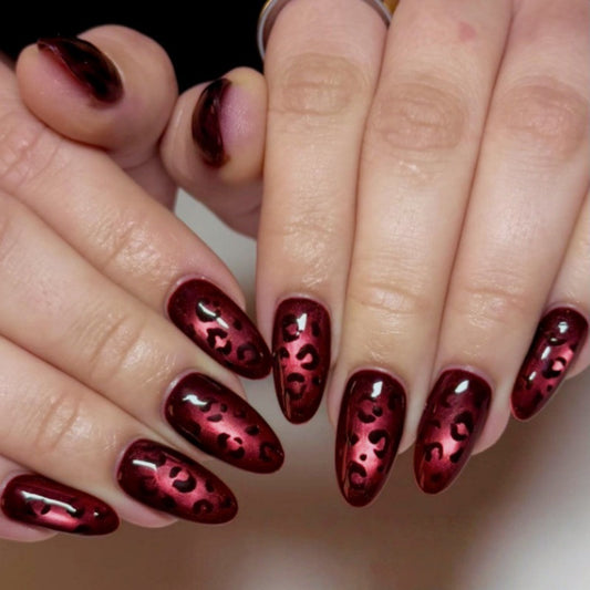Wild Glamour Long Almond Burgundy with Unique Leopard Print Press On Nail Set
