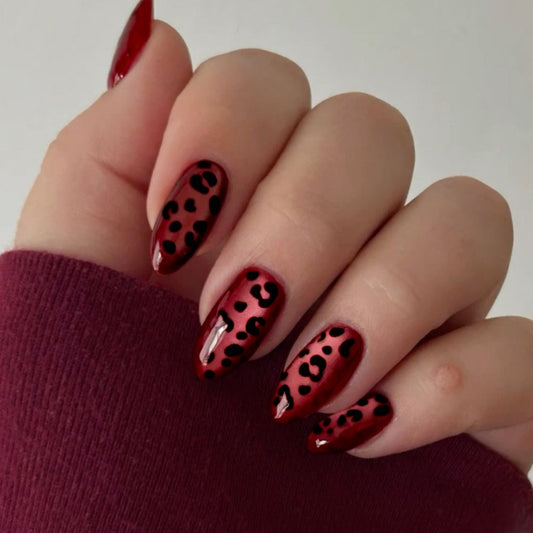 Wild Safari Medium Almond Red with Leopard Print Press on Nail Set
