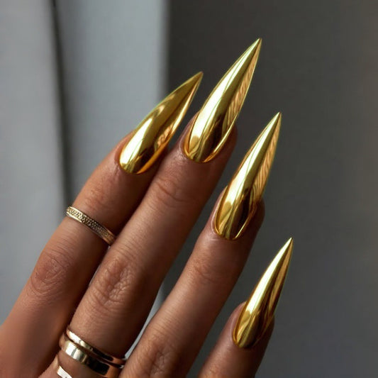 Glamorous Golden Long Stiletto Press On Nail Set with Shimmering Finish