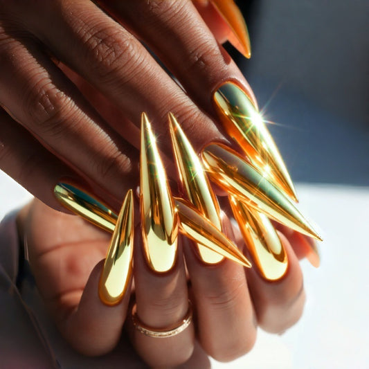 Glamorous Golden Long Stiletto Press on Nails with Shimmering Shine