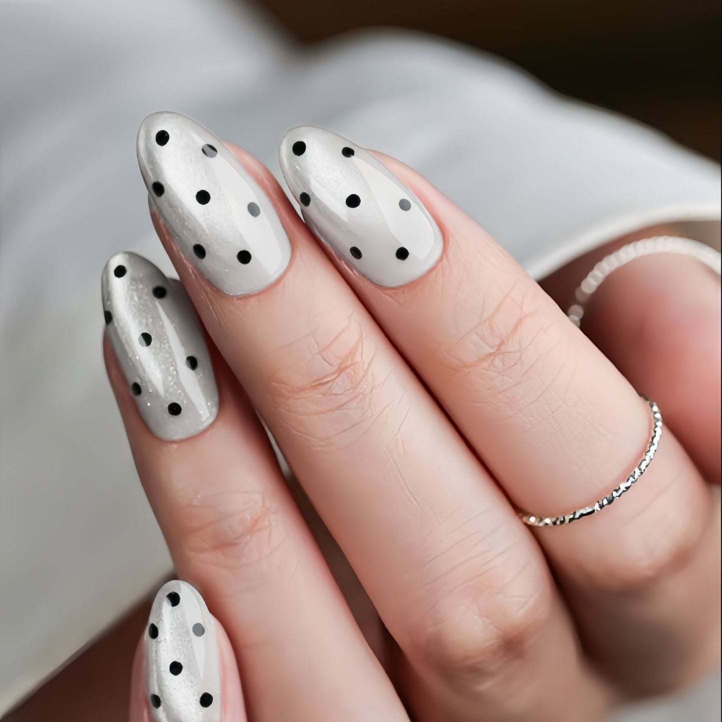 Chic Dotty Elegance Long Almond Shaped Gray with Black Polka Dots Press On Nail Set