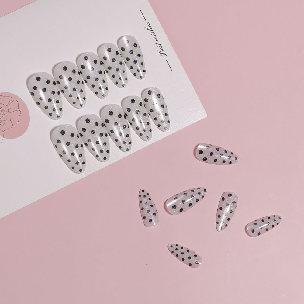 Chic Polka Dot Design Long Almond Clear Press On Nail Set Featuring Sparkling Black Dots