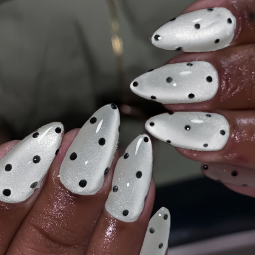 Chic Polka Dot Elegance Long Almond Shaped Frosted White Nails with Black Dots