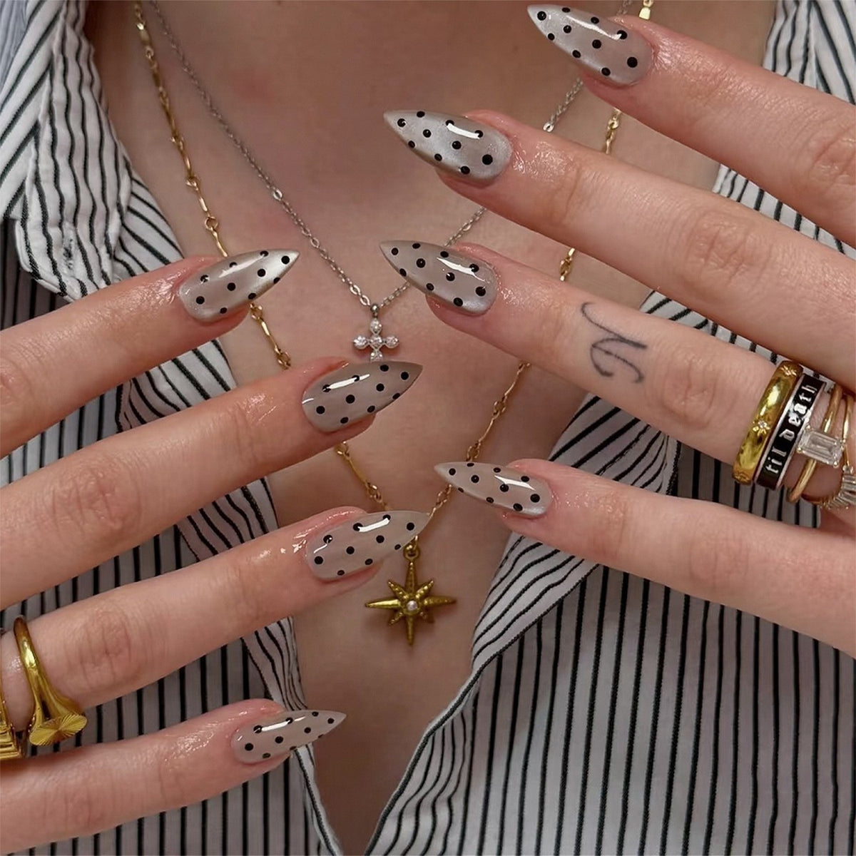 Celestial Glamour Medium Almond Smoky Grey with Polka Dots Press On Nail Set