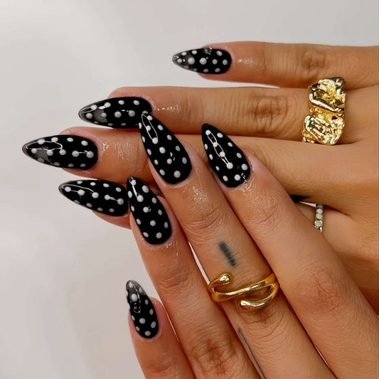 Dazzling Midnight Stiletto Medium Black with White Polka Dots Press-On Nail Set