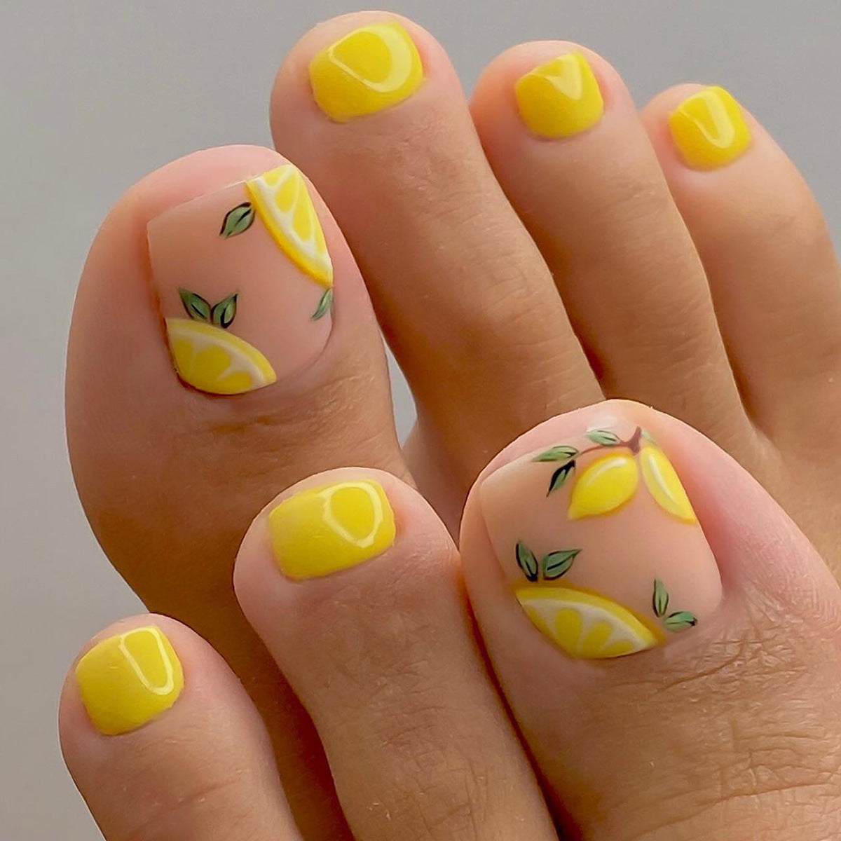 Citrus Splash Short Squoval Yellow and Peach Press On Nail Set with Lemon Accents