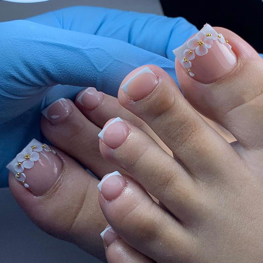 Elegant Bridal Collection Medium-Length Square Pink Press On Nails with White Tips and Floral Rhinestone Accents