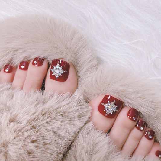 Glamorous Winter Wonderland Short Square Burgundy Press On Nail Set with Sparkling Gem Accents
