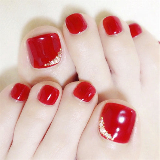 Classic Elegance Short Square Red with Glitter Accent Toenail Set