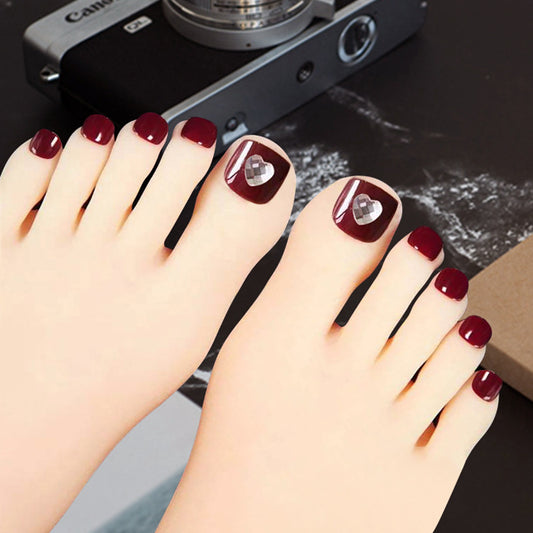 Romantic Evening Square Burgundy Short Press On Nail Set with Heart Gem Accents